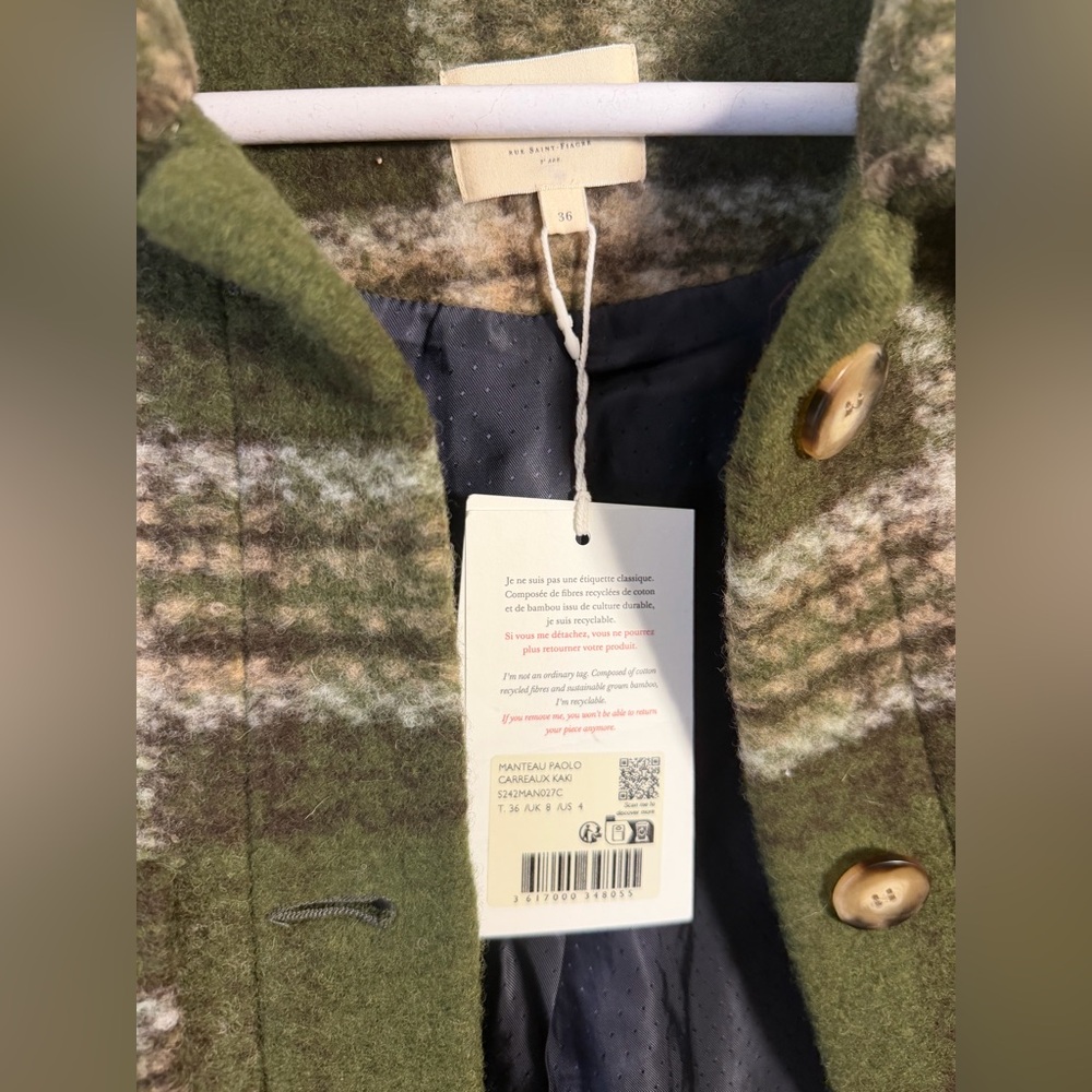 Sezane Paolo Green Khaki Plaid Check Jacket, NWT - Picture 7 of 10